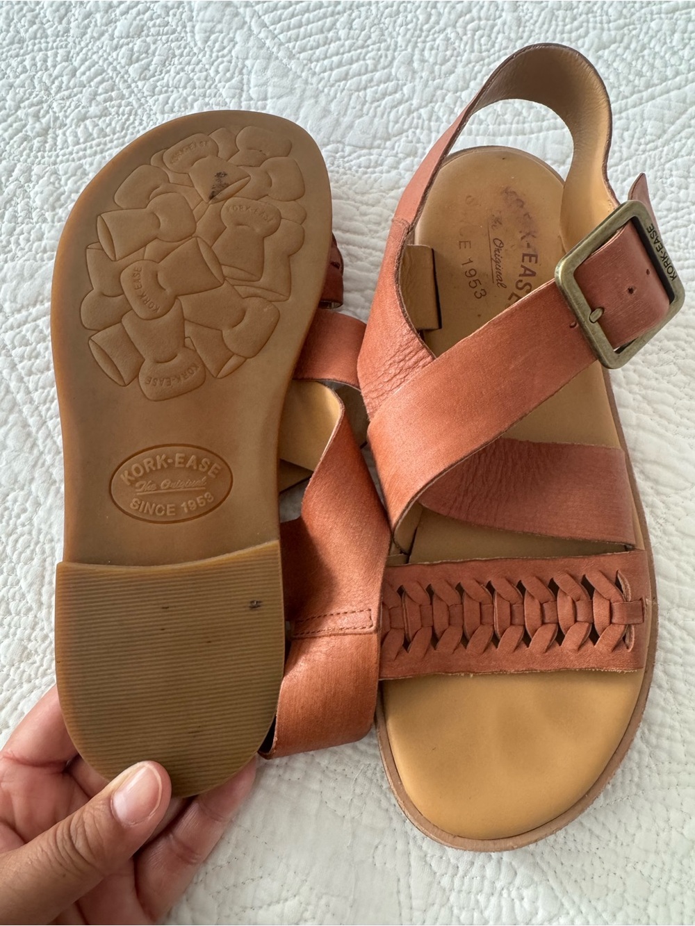 Kork-Ease Women's Burnt Orange Woven Leather Crisscross Sandals - Picture 6 of 13